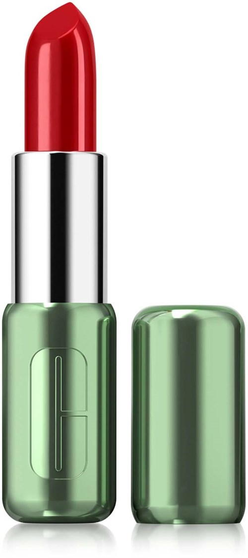 Een rode lipstick in een groene huls met de dop verwijderd, toont de lipstick.