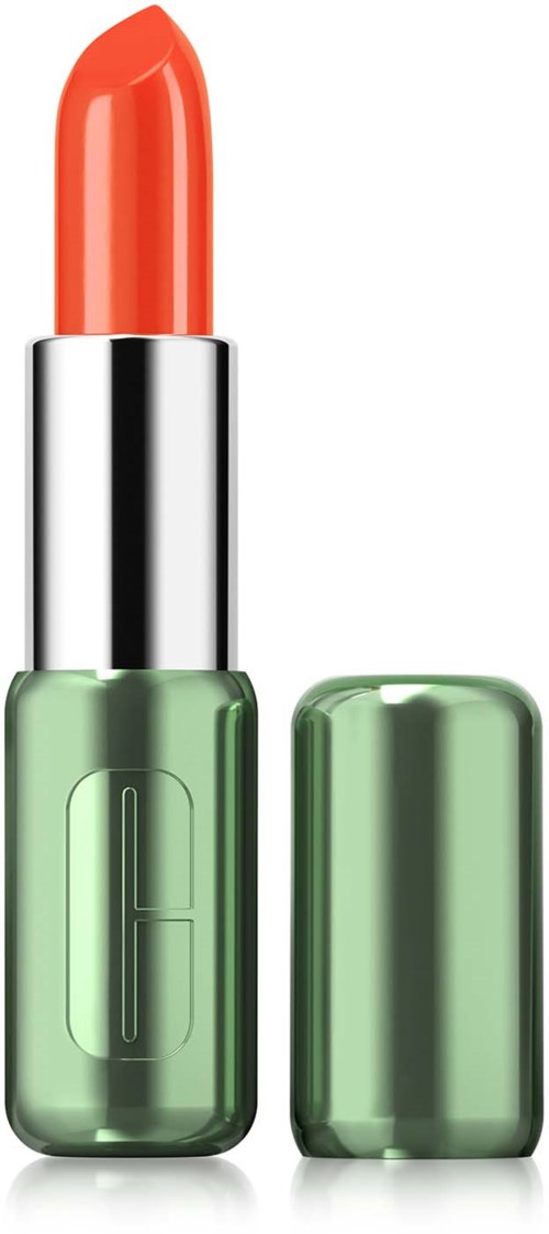 Een lippenstift in een groene behuizing met deksel eraf, met oranje lippenstift binnenin.