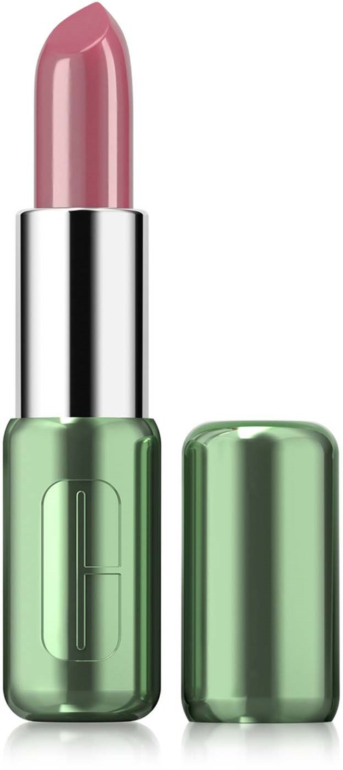 Een lippenstift in een groene houder met deksels verwijderd, met roze lippenstift.