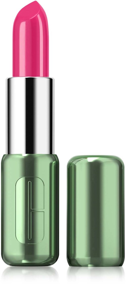 Eine grüne Lippenstiftflasche mit einem pinken Lippenstift auf der Oberseite, kein Verschluss sichtbar.