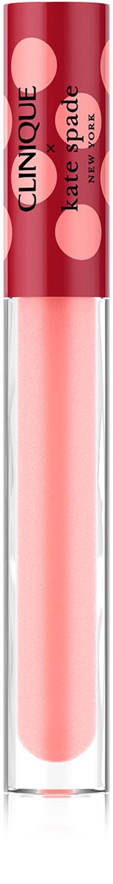 Ett läppglansrör i rosa färg, tydligt kropp, och en rosa lock med Clinique och Kate Spade-logotyper.