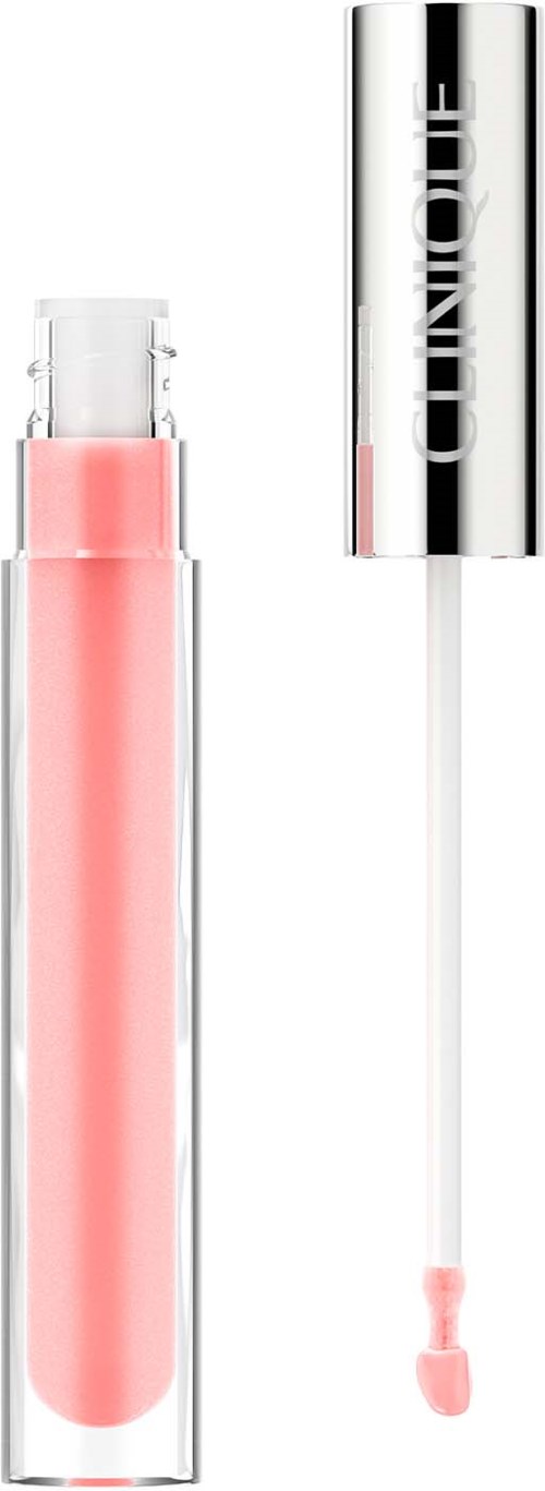 Een lipglosshuls met doorzichtig lichaam, roze gloss binnenin en een zilveren dop. De dop heeft de merknaam 'CLARINS'.