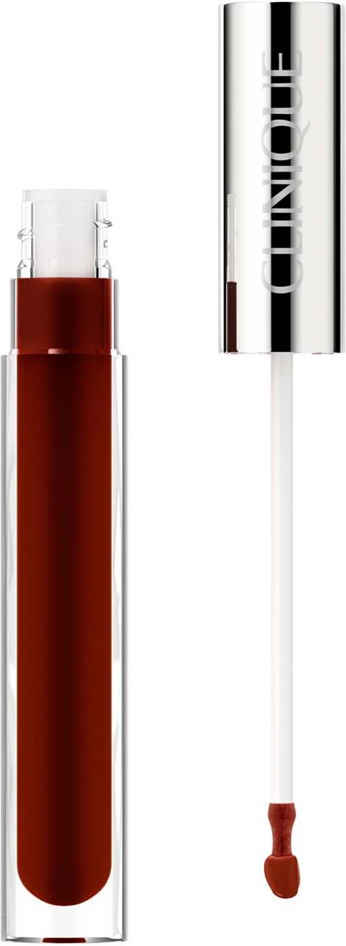 Een lipstick in doorzichtige huls met dop, met roodbruine lipstick zichtbaar.