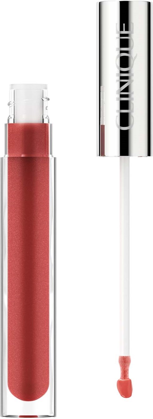 Doorzichtige tube met roze lipgloss en zilveren dop met merk. Lippenborstel met roze product.