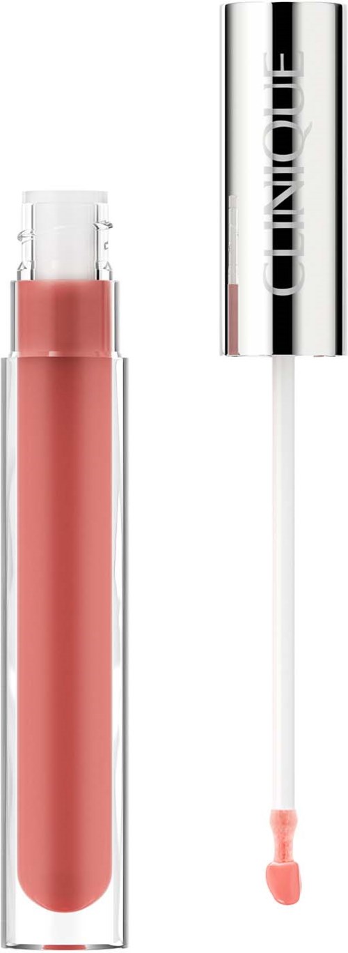 Een lipgloss met een doorzichtige tube, roze vloeistof en zilveren deksel. De applicator heeft een roze sponskop.
