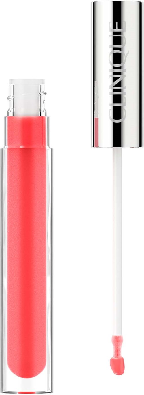 Een lippenstift met zilveren dop en roze vloeistof erin, tegen een zwarte achtergrond.