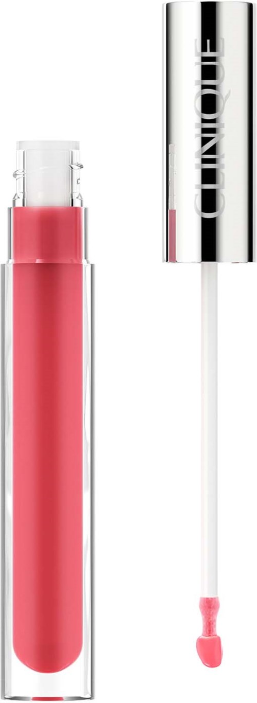 Een roze lipgloss huls met zilveren deksel, de kwast is grotendeels uit en toont roze glans.