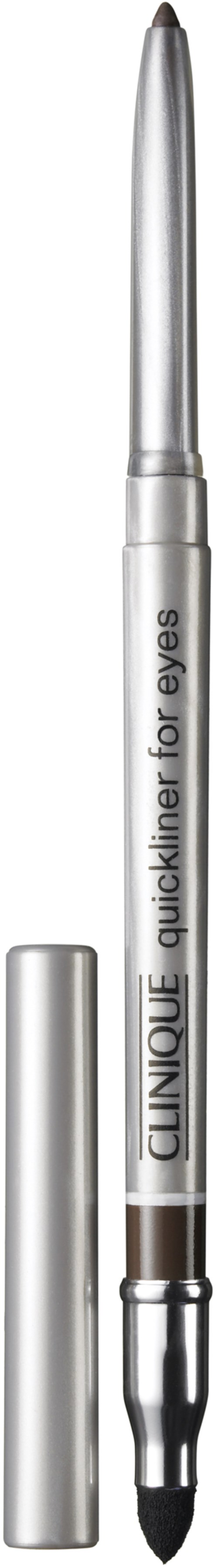Een zilverkleurige pen met dop en label die zegt "Clinique quickliner for eyes."