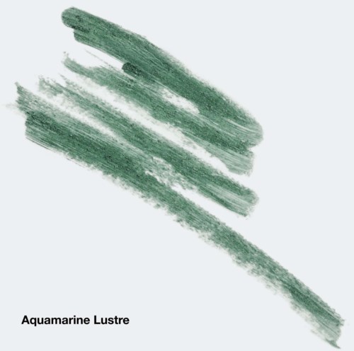 Green makeup swatch called Aquamarine Lustre with brush strokes on a light background.