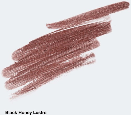 A makeup swatch titled Black Honey Lustre, showing a shiny, reddish-brown color with a smooth brush stroke.