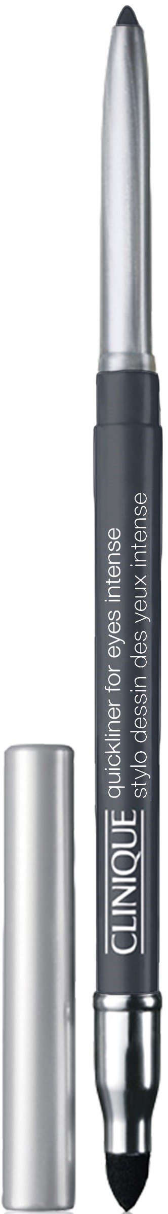 Een zwart en zilveren pen met tekst over Clinique's snelle oogcorrectieproduct.