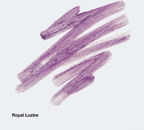 Purple lipstick swatch labeled Royal Lustre with four brush strokes.
