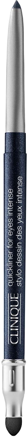 A blue eye pencil with silver accents, labeled Clinique. Intended for eye makeup application.