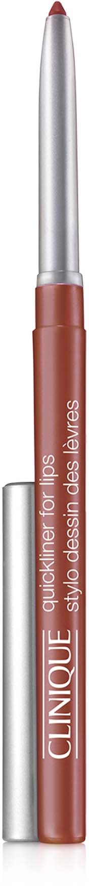 Een lippenpotlood met doorzichtige bovenkant, roze-bruin lichaam en zilveren dop, gemarkeerd 'Clinique' en 'automatic lip pencil.'