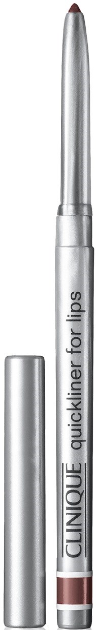 Een zilveren lippenstiftpen met dop, label 'Clinique quickliner for lips'.