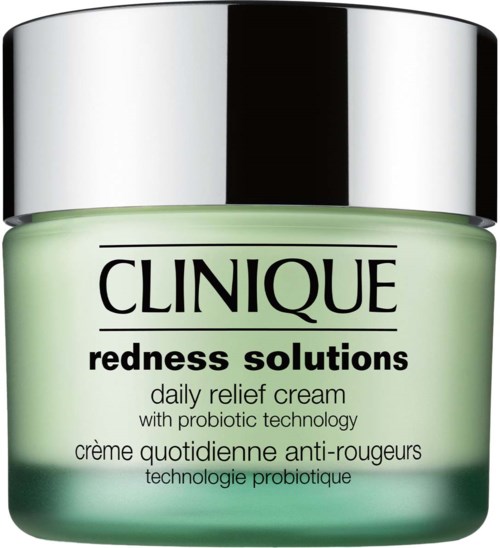 Een groene pot Clinique redness solutions dagelijks verzachtend cream met zilveren deksel.