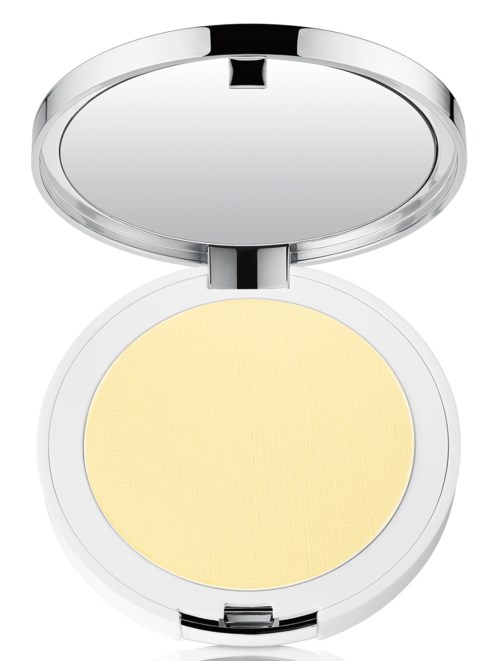 Een compacte spiegel met witte behuizing, opengevouwen om een gele make-up spons te tonen.