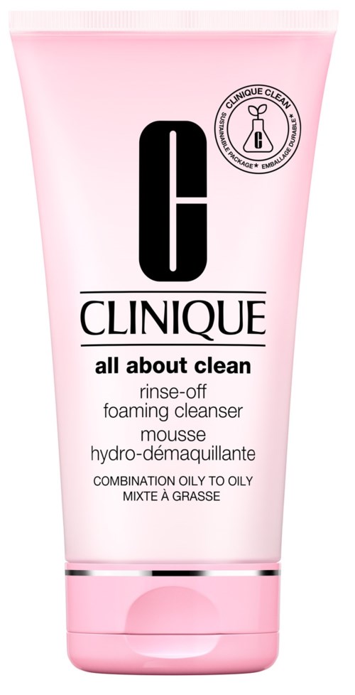 Een roze tube Clinique schuimende reiniger voor vette huid, met label 'All About Clean', geschikt voor tieners.