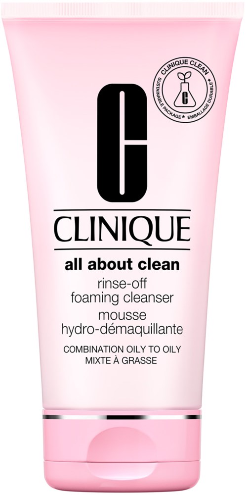 Ljusrosa tub med Clinique ansiktsrengöring för fet hud, märkt 'all about clean' och 'rinse-off foaming cleanser.'