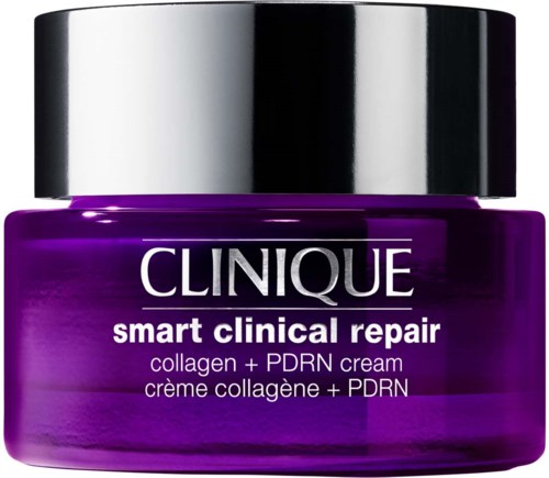 A purple jar of Clinique smart clinical repair collagen and PDRN cream with a silver lid.