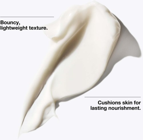 Cream swatch showing a bouncy, lightweight texture that cushions skin for lasting nourishment.