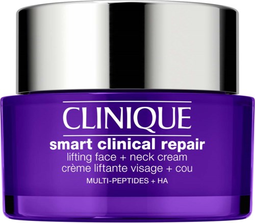 Een paarse pot van Clinique voor gezicht- en nekcrème met een zilveren deksel, gemerkt 'smart clinical repair'.