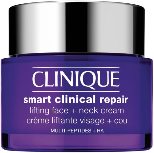 Lila pot met Clinique gezichts- en nekmasker, met zilveren deksel, label 'smart clinical repair'.