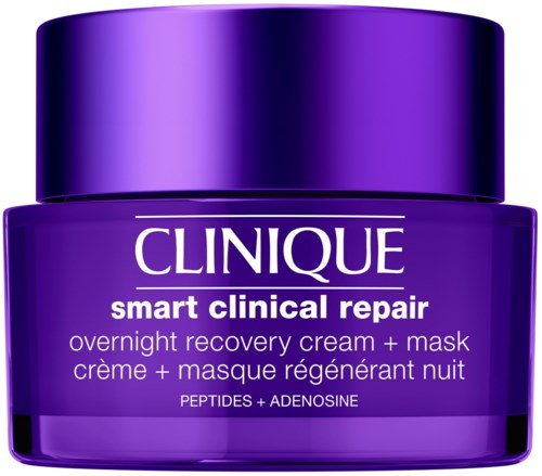 Een paarse pot van Clinique Smart Clinical Repair nachtverzorging met peptiden en adenosine.