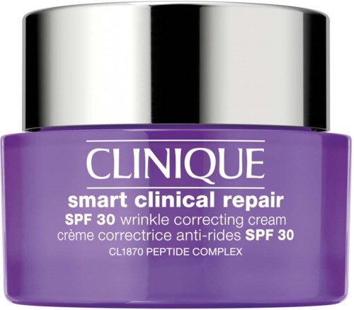 Een paarse pot Clinique Smart Clinical Repair tegen rimpels met SPF 30 en een zilveren deksel.