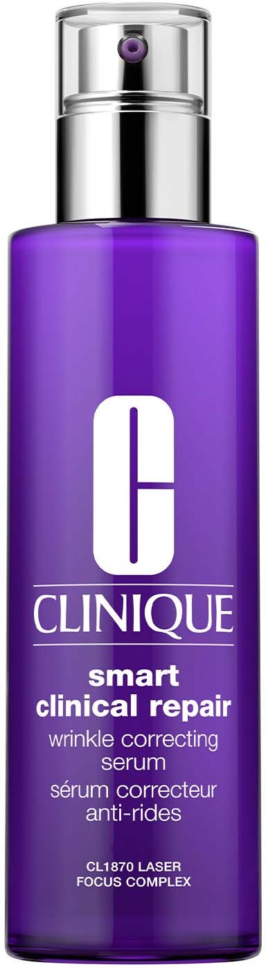 Een paarse flesje van Clinique serum voor het verminderen van rimpels en huidverbetering. Heeft een doorzichtige spraydop.