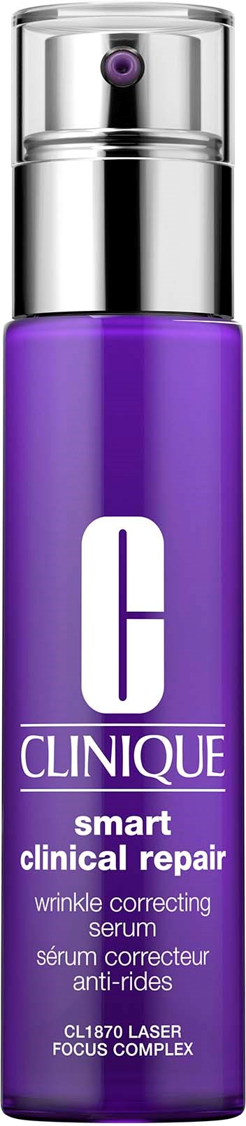 A purple bottle of Clinique skincare with a clear spray cap. It is a clinical repair serum for wrinkles. Black background.