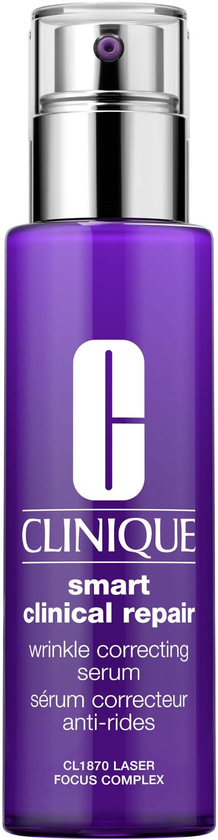 Purple bottle of Clinique serum labeled for wrinkle correction and skin repair.