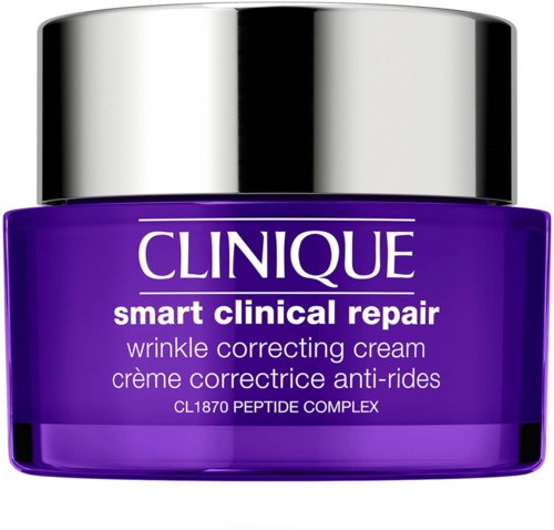 En lilla krukke med Clinique Smart Clinical Repair krem med sølvlokk, fokuserer på rynkekorreksjon og hudreparasjon.