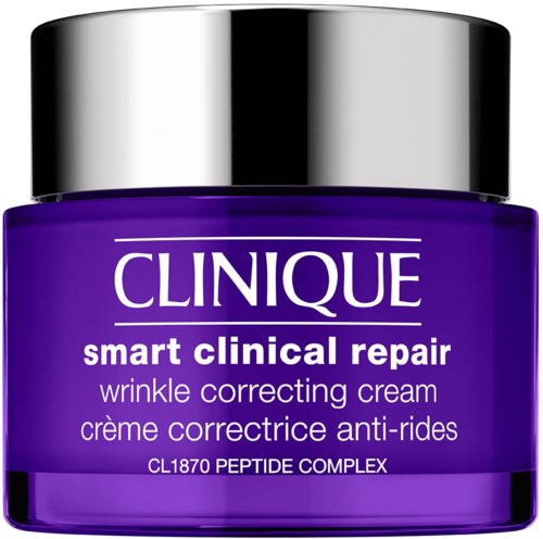 A purple jar of Clinique Smart Clinical Repair wrinkle cream with a silver lid.