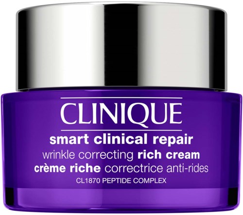 Purple jar of Clinique cream for repairing wrinkles and smoothing skin, with silver lid.