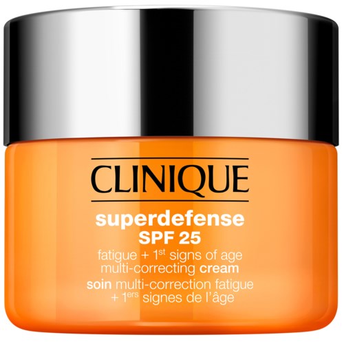 A jar of Clinique Superdefense SPF 25 multi-correcting cream with orange and silver packaging.