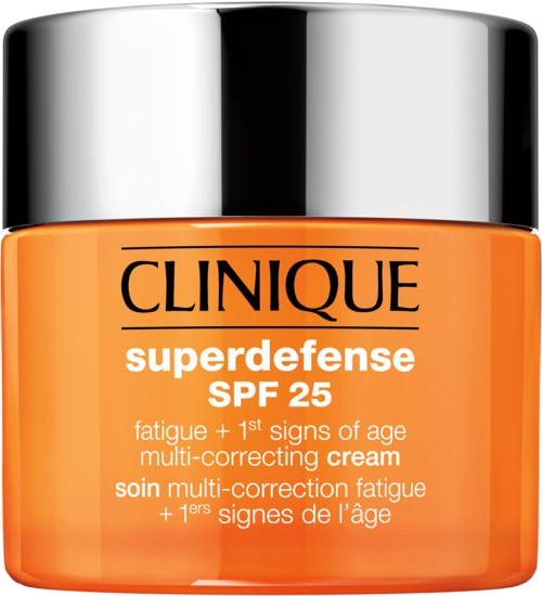 Oranje potje met Clinique Superdefense SPF 25 anti-vermoeidheidscrème, zilveren deksel.