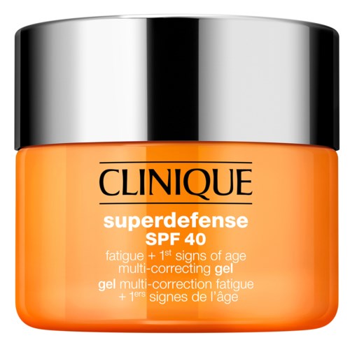 A jar of Clinique Superdefense SPF 40 anti-aging face cream with a silver lid.