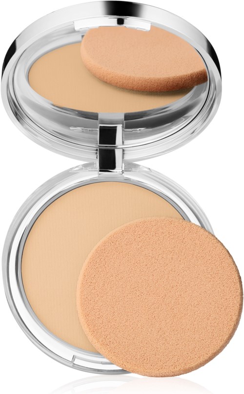 Een compact met poeder en een sponsje voor make-up. Het poeder is beige. De spons ligt erop.