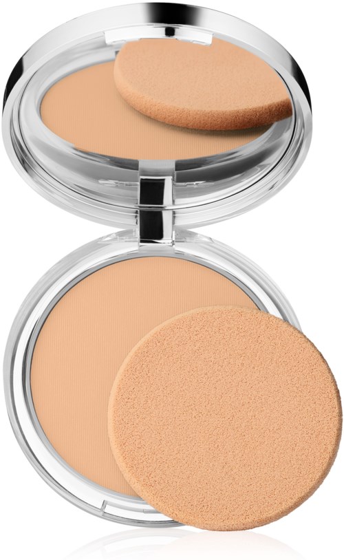 Een compacte foundation met spiegel en spons erin. De foundation is perzikkleurig en romig.