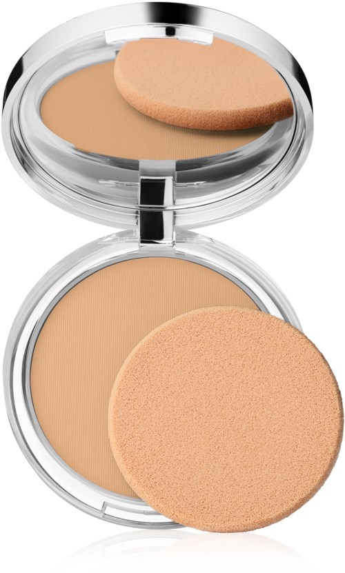 Een compacte gezichtspoeder met spiegel, spons en zacht beige poeder.