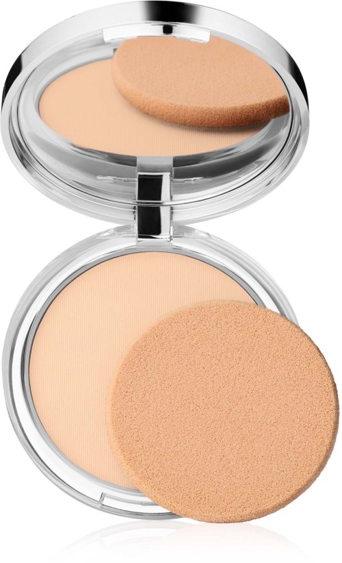 Een compact make-up doos met poeder en een sponsje in een glanzende zilveren huls.