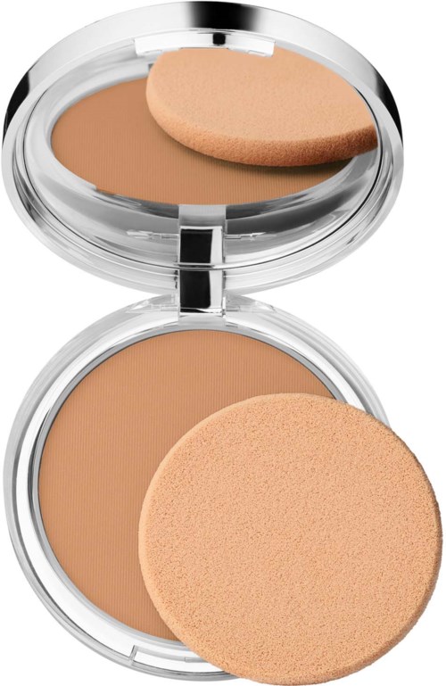 Een make-up poederdoos met een spiegel en een spons, met beige pressed poeder en een ronde make-up spons.