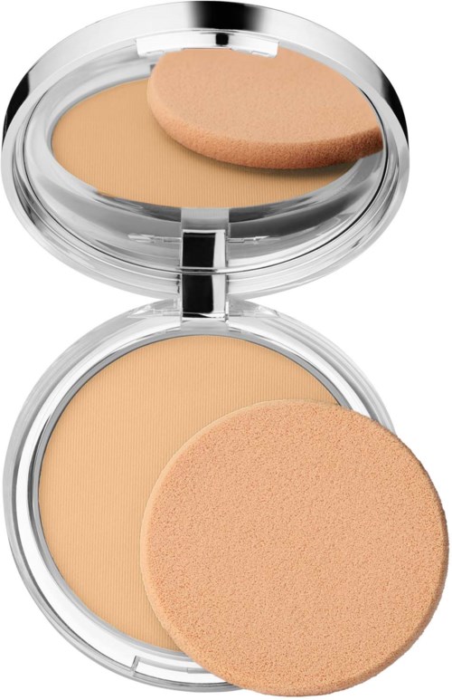 Een kleine make-up compact met beige foundation en een roze spons in een doorzichtige container.