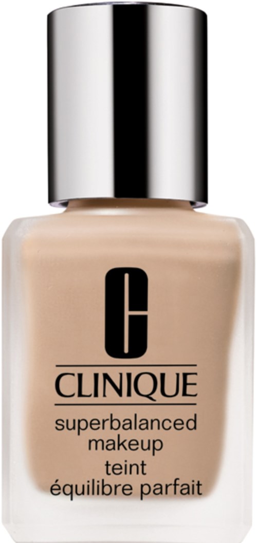 Een fles Clinique foundation met een zilverkleurige dop, met tekst 'superbalanced makeup'.
