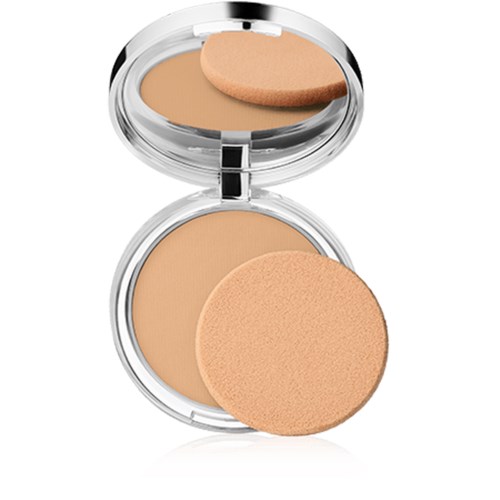 Een compact met beige poeder, spiegel en ronde spons in een doorzichtig doosje.