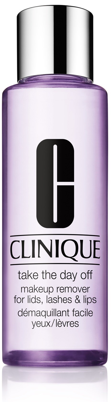 En lila flaska med Clinique makeupborttagningsmedel och silverlock, används för ögon, läppar och ögonfransar.