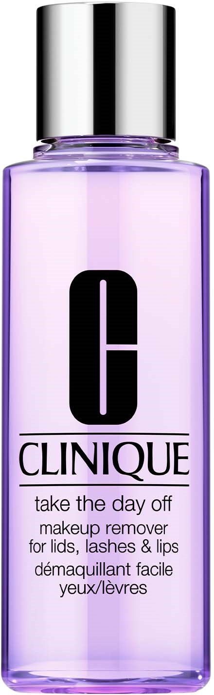 A purple Clinique makeup remover bottle with a silver cap, stating it is for lids, lashes, and lips.
