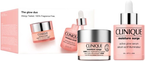 Clinic huidverzorgingsproducten in roze potten en flessen met een doos, getiteld The Glow Duo en moisture surge.