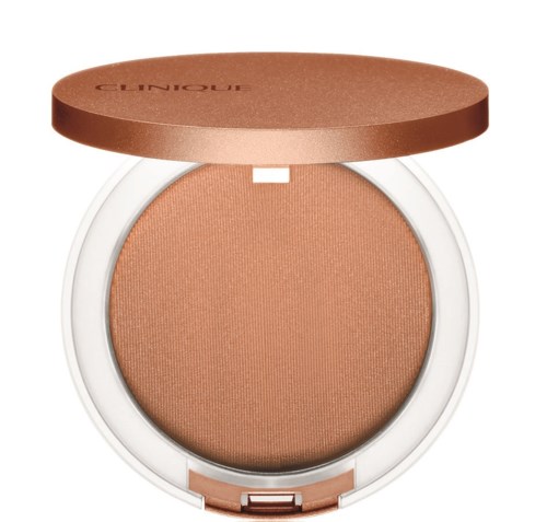 Een compacte make-up poeder met een bruin tint en een ronde witte case, gedeeltelijk open.